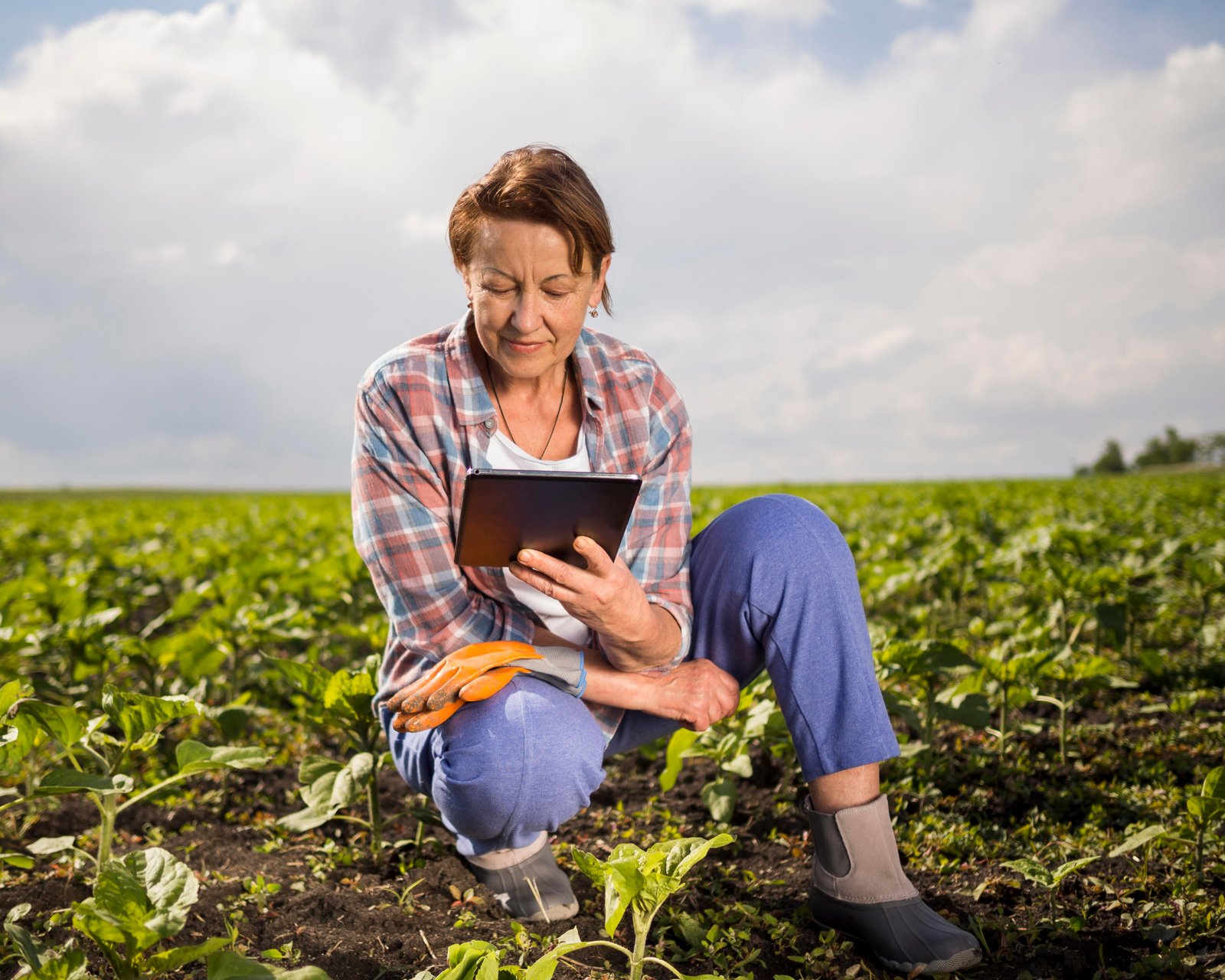 Mulher em área rural com tablet